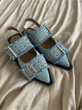 Ganni Light Blue Frayed Denim Pointed Slingback Mules